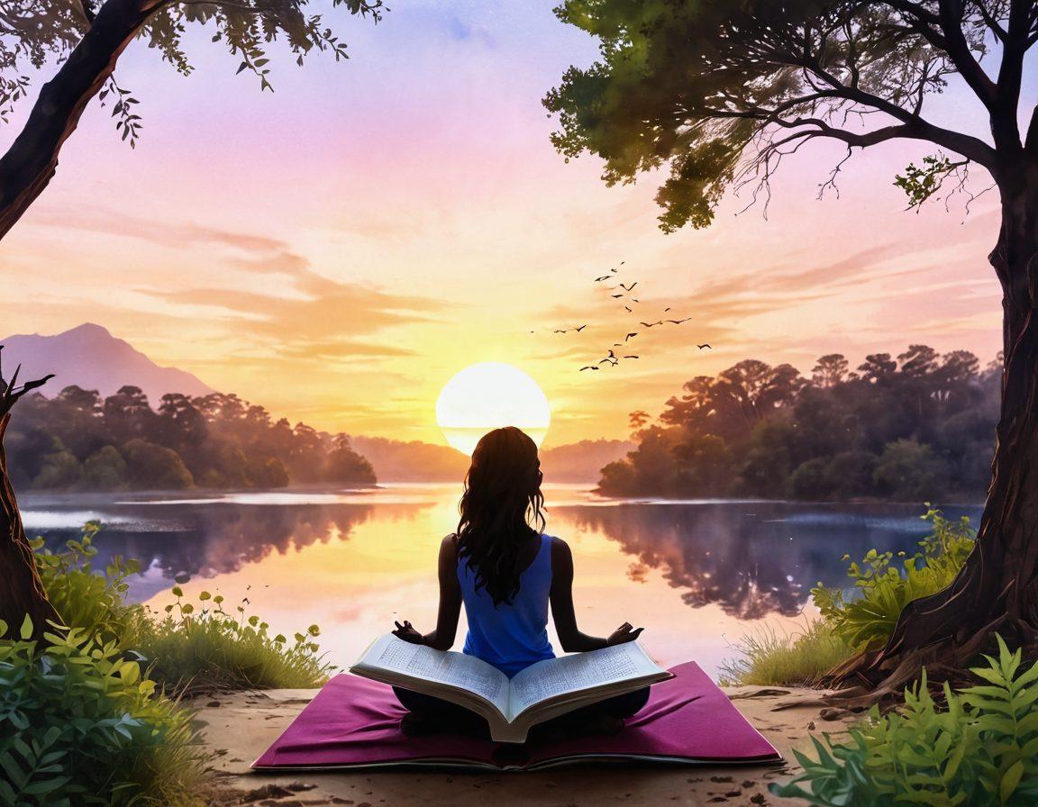 An open book surrounded by vibrant nature, symbolizing personal growth, with pages turning and letters floating upwards, embodying life lessons and motivation. In the background, a sunrise represents new beginnings and hope. A silhouette of a woman, Tamika, stands in contemplation, embodying empowerment and reflection. watercolor style. bright colors. soft focus.