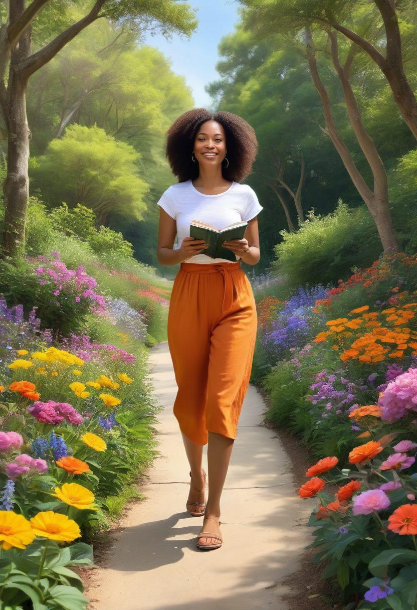 A serene landscape with a winding path symbolizing life's journey, surrounded by lush greenery and colorful flowers. Include a confident woman named Tamika, smiling and holding a journal, as she walks along the path, radiating positivity and inspiration. Incorporate elements like birds soaring above and gentle sunlight filtering through the trees to represent hope and wellness. whimsy style. vibrant colors. 3D.