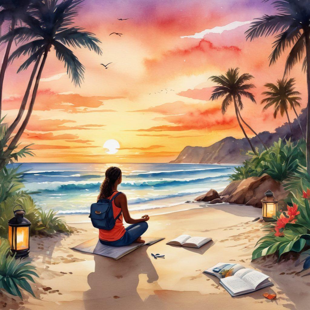A serene landscape featuring a vibrant sunset over a calm beach, with Tamika meditating on the sand, surrounded by tropical plants and soothing waves. Include dimly lit lanterns and a journal with travel notes beside her, symbolizing mindful living. Integrate elements of adventure like a backpack or hiking gear in the background. watercolor style. warm tones. relaxing ambiance.